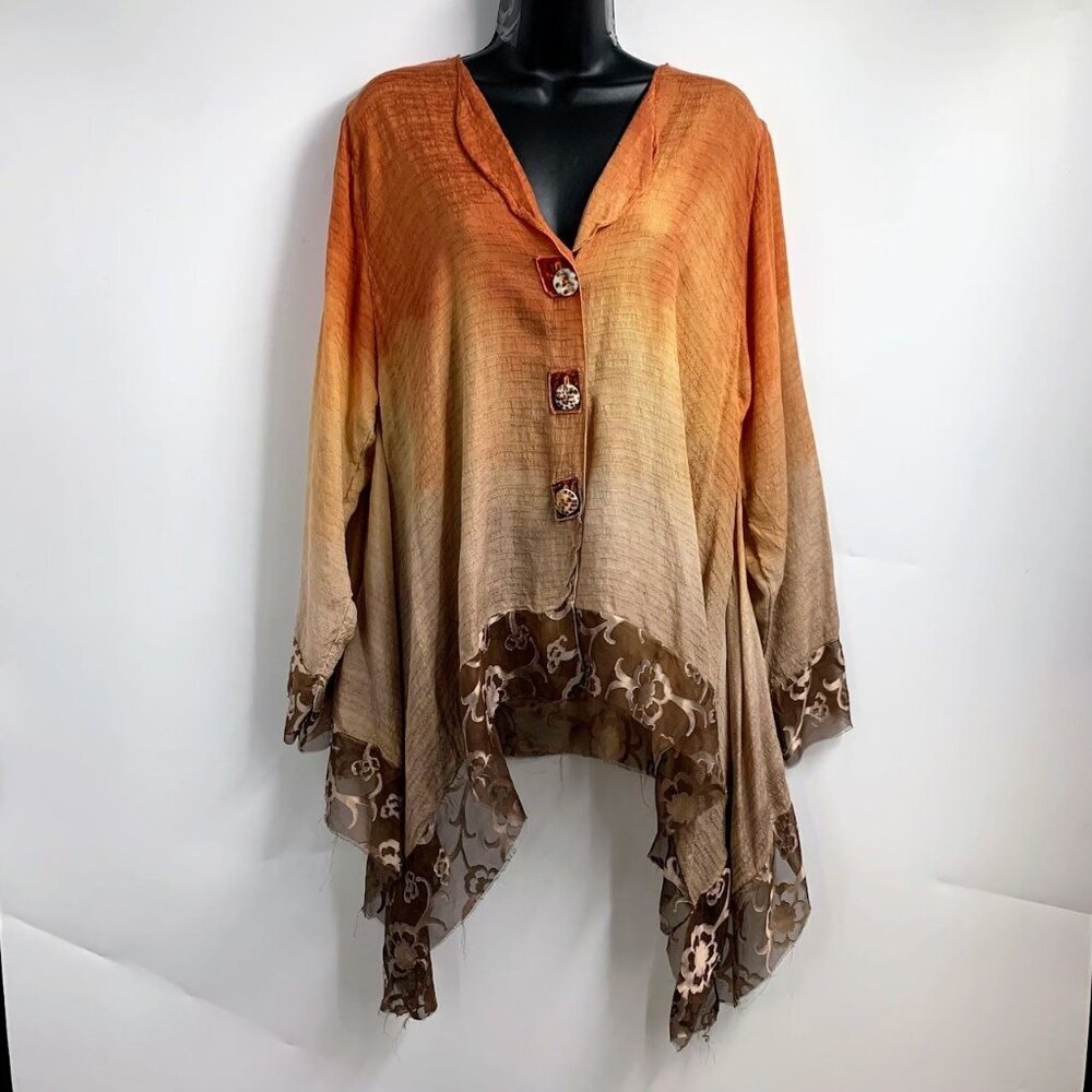 Grau Vintage Women's Art To Wear Hombre Raw Hem Button Long Sleeve Top One Size‎